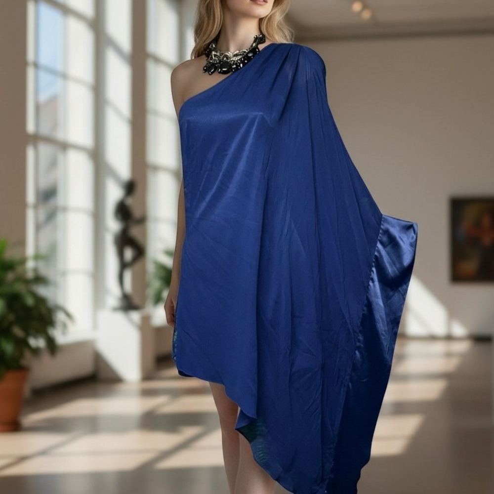 Guess by Marciano Dress XS Blue 100% Silk One Shoulder Asymmetrical Draped 4098